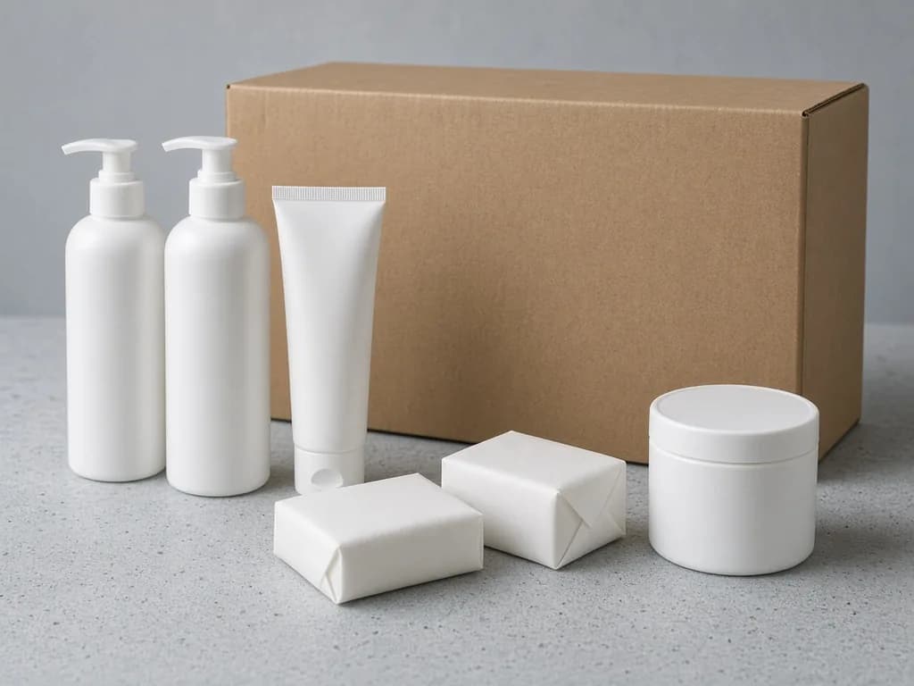 Plain white pump bottles, a tube, wrapped soap bars and a pot in front of a brown outer case.