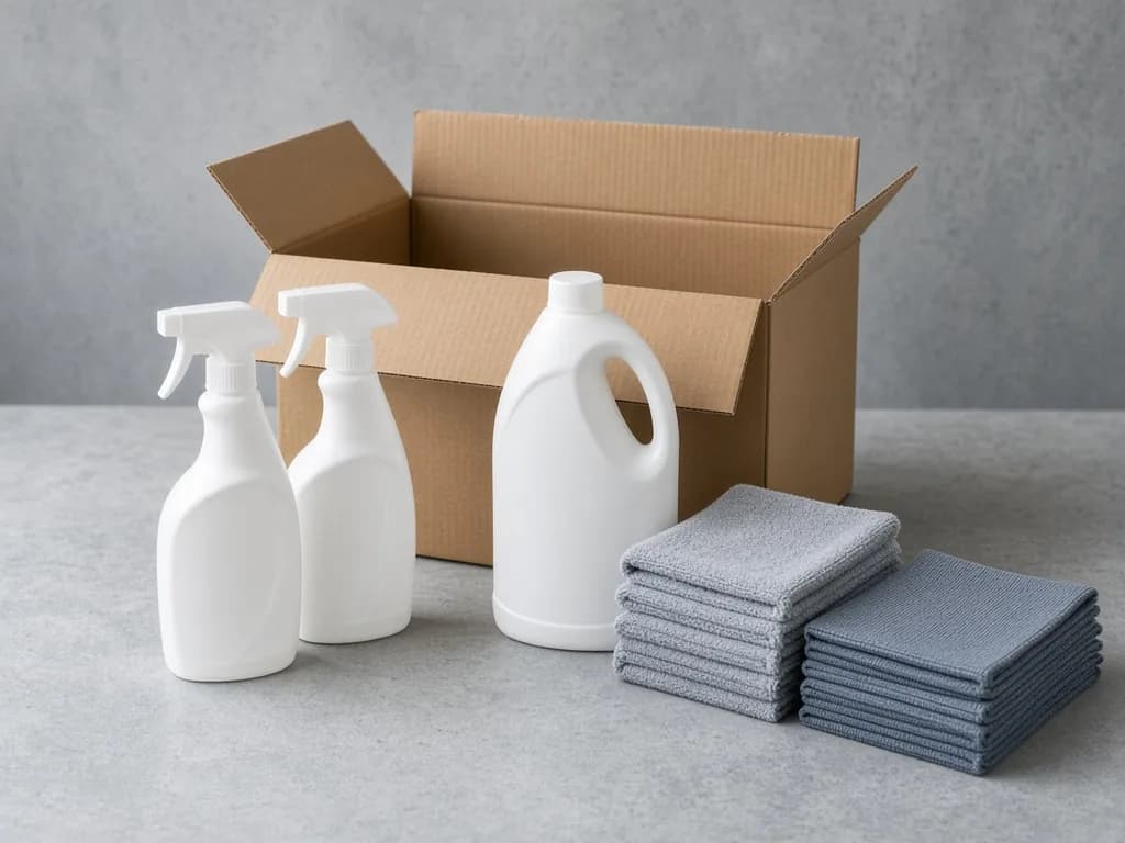 Unbranded white spray bottles, a cleaning liquid jug and folded cloths in front of an open brown outer case.