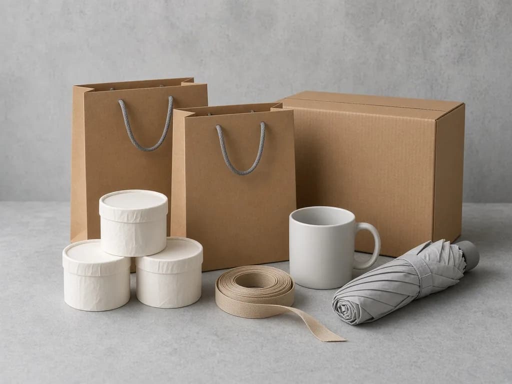 Kraft gift bags, a coil of ribbon, wrapped candles, a plain mug and a folded umbrella beside an outer case.
