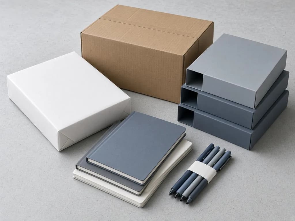 A bulk ream of plain white paper, notebooks, a banded bundle of pens and box files beside an outer case.