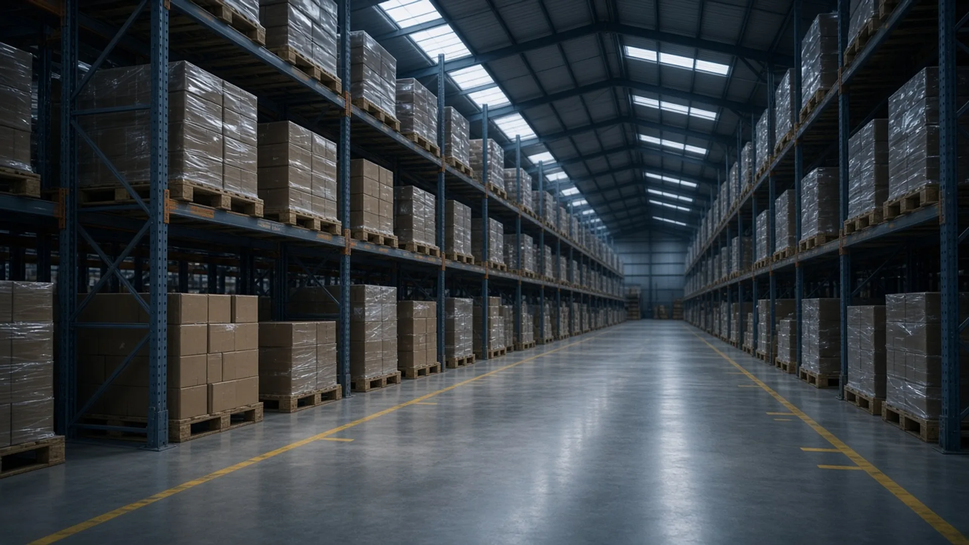 Aisle of a commercial wholesale warehouse with tall steel racking holding shrink-wrapped pallets of cartons.