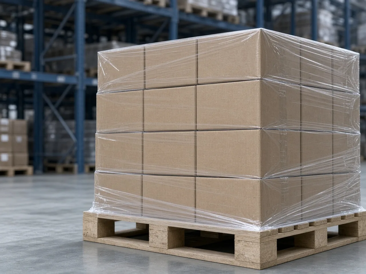 A shrink-wrapped pallet of plain brown cartons on a wooden pallet in a wholesale warehouse.