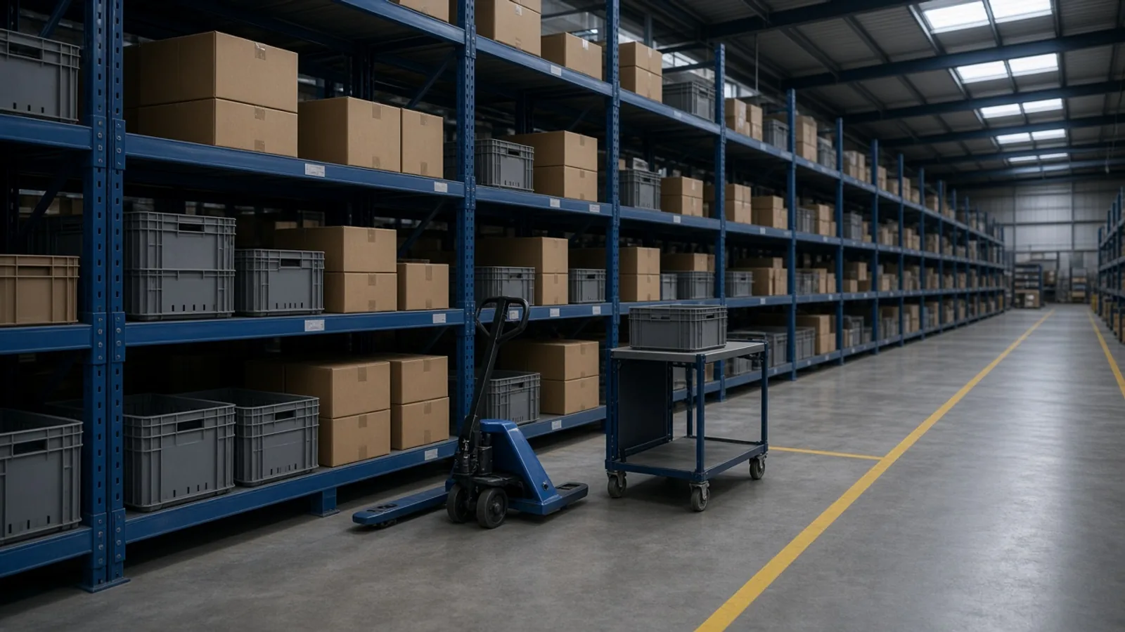Order-picking area of a wholesale warehouse with stacking totes and cartons on blue steel shelving.